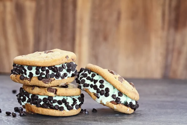 Three Chocolate Chip Mint Ice Cream Cookie Sandwiches — Stock Photo, Image