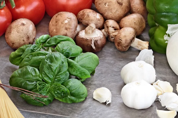 Fresh Basil and Ingredients for Spaghetti Sauce