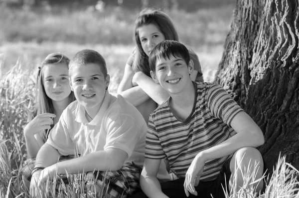 Vier glückliche Teenager in der Natur — Stockfoto