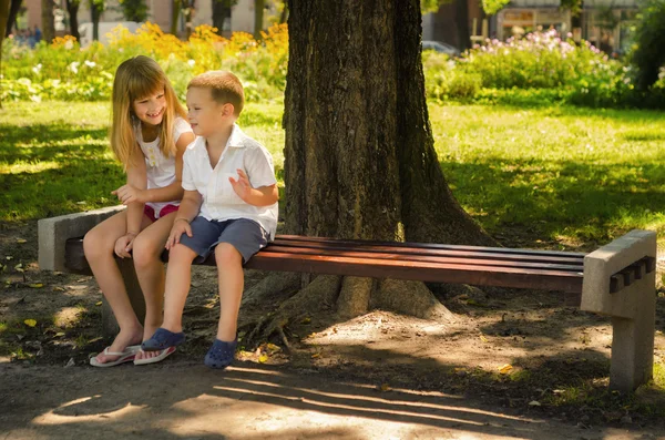 Glad liten pojke och liten flicka talar i parken — Stockfoto