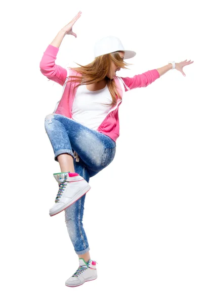 Fiatal hip-hop táncos táncol a elszigetelt fehér háttér. — Stock Fotó