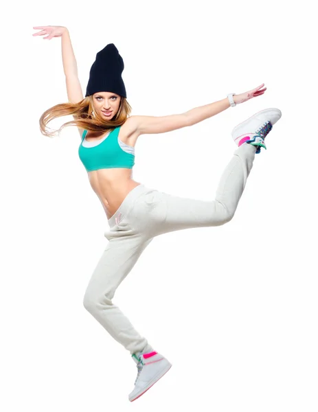 Hip hop dancer jumping high in the air isolated on white backgro — Stock Photo, Image