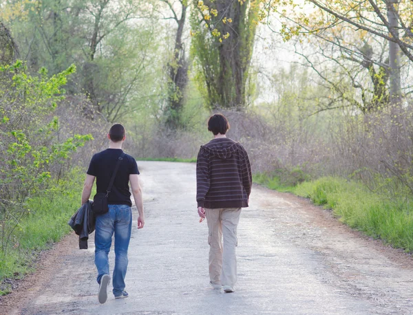 Dois amigos adultos do sexo masculino andando na natureza no dia ensolarado da primavera — Fotografia de Stock