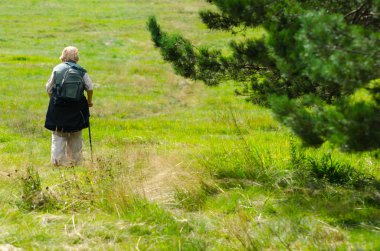 Yaşlı kadın güneşli bahar gününde doğada yürüyüş