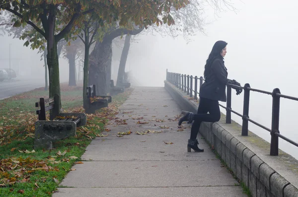 Belle fille debout sur une passerelle piétonne regardant la brume d'automne — Photo