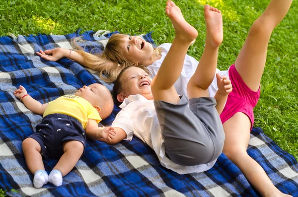 Two brothers and sister having fun on the meadow on sunny summer — Stock Photo, Image