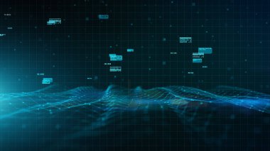 Blue Digital Cyberspace Dijital Veri Ağı bağlantıları, çizgiler ve noktalarla akan dalga, Teknoloji iletişimi veya Hi-Tech dijital görüntü holografik bilgi arkaplanı.