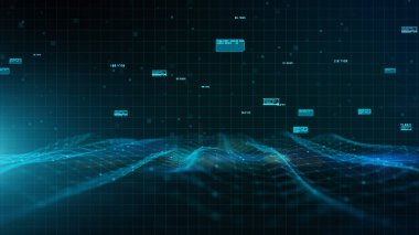 Blue Digital Cyberspace Dijital Veri Ağı bağlantıları, çizgiler ve noktalarla akan dalga, Teknoloji iletişimi veya Hi-Tech dijital görüntü holografik bilgi arkaplanı.