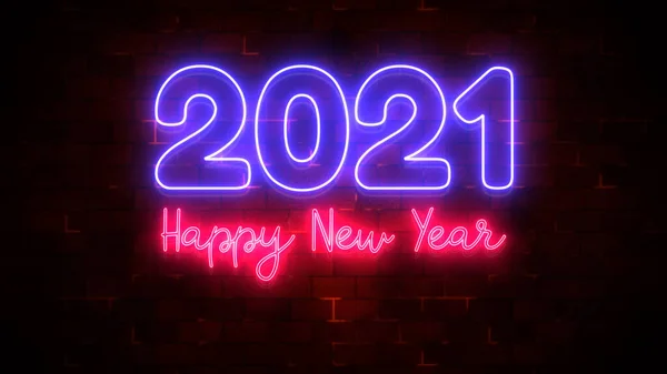 Mutlu Yıllar 2021 Neon Işığı Parçacık Akışı Tuğla Duvar Süslemesi — Stok fotoğraf