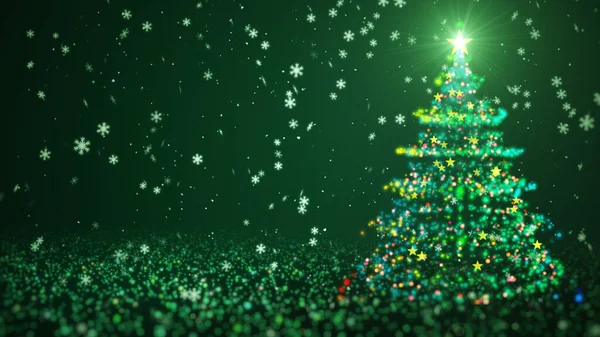 Arbre Noël Couleur Verte Avec Une Lumière Brillante Des Flocons — Photo