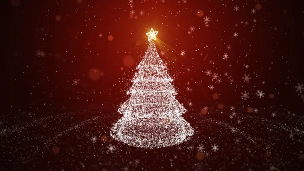 Pomul Alb Crăciun Lumină Strălucitoare Fundal Roșu Care Cade Fulgi — Fotografie, imagine de stoc