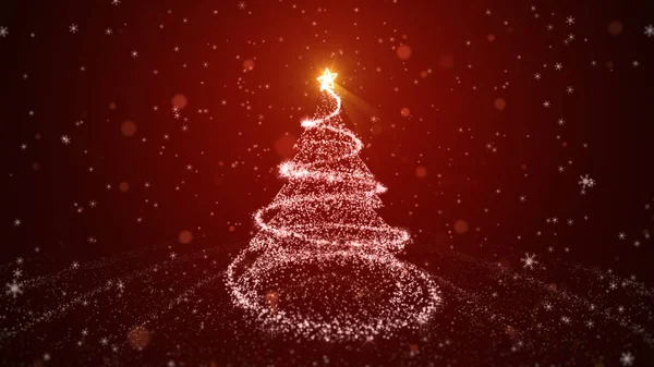 Weißer Weihnachtsbaum Mit Leuchtendem Licht Auf Rotem Hintergrund Fallenden Schneeflocken — Stockfoto