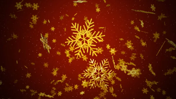 Goldfarbe Schneeflocken Und Sterne Fallen Auf Rotem Hintergrund Weihnachten Oder — Stockfoto
