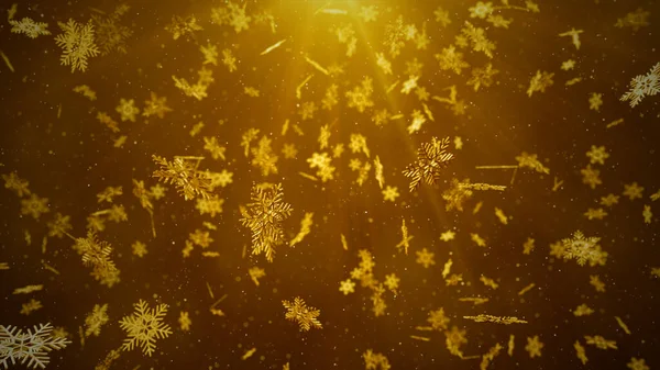 Copos Nieve Color Oro Estrellas Cayendo Sobre Fondo Rojo Navidad — Foto de Stock