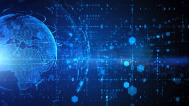 Teknoloji Ağı Veri Bağlantısı, Siber Güvenlik Dijital Verisi, Küresel 5G Yüksek hızlı internet bağlantısı ve Büyük Veri Analizi Süreci Arkaplan Kavramı.