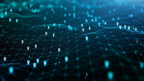 GPS konumlandırma simgeleri, Global 5G yüksek hızlı internet bağlantısı ve Büyük veri analiz süreci arkaplanı