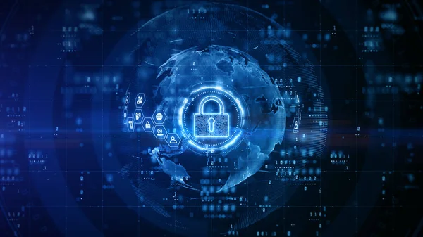 Siber Güvenlik Dijital Veri Kilidi, Dijital Veri Ağı Koruma, Global Ağ 5G Yüksek Hızlı İnternet Bağlantısı ve Büyük Veri Analizi Geleceği Analizi Konsepti. 3d Hazırlama Kavramı.