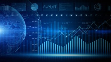 Dijital veri finansal yatırım eğilimleri, tablolar ve hisse senedi numaraları ile finans sektörü diyagramı, zaman içinde dinamik olarak kar ve kayıpları gösteriyor, İş ve Maliye. 3d oluşturma