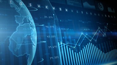 Dijital veri finansal yatırım eğilimleri, tablolar ve hisse senedi numaraları ile finans sektörü diyagramı, zaman içinde dinamik olarak kar ve kayıpları gösteriyor, İş ve Maliye. 3d oluşturma