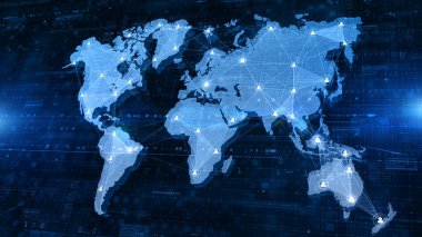 Ağ bağlantısı yapısı, kullanıcı simgesi insanların olduğu dünya haritası, küresel iletişim konsepti, teknolojik dijital soyut arkaplan, 3d oluşturma