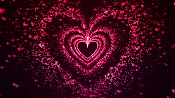 Valentine\'s day abstract background, flying red and pink hearts and particles valentines background concept. 3d rendering