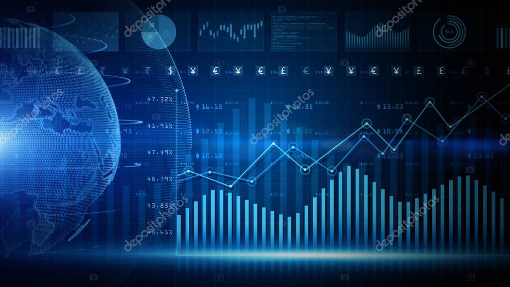 Digital data financial investment trends, Financial business diagram with charts and stock numbers showing profits and losses over time dynamically, Business and finance. 3d rendering