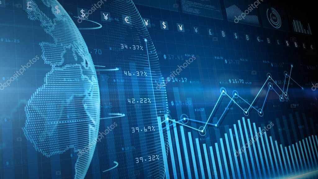 Digital data financial investment trends, Financial business diagram with charts and stock numbers showing profits and losses over time dynamically, Business and finance. 3d rendering