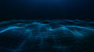 Noktalar ve çizgilerden oluşan üçgen örgülü soyut dalgalar. Büyük veri bağlantısı, teknolojik dijital arka plan. 3d oluşturma