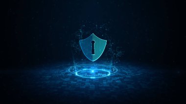 Siber Güvenlik Dijital Veri, Dijital Veri Ağı Koruma, Küresel Ağ İnternet Bağlantısı ve Büyük Veri Analizi Geleceği Konsepti 'nin HUD ve Kalkan Simgesi. 3d oluşturma