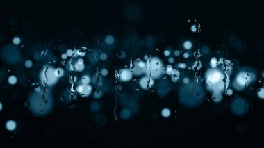 Yağmur damlaları arka plandaki cam bokeh 'i takip ediyor. 3d oluşturma