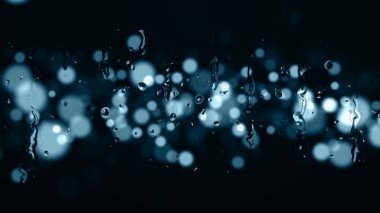 Yağmur damlaları arka plandaki cam bokeh 'i takip ediyor. 3d oluşturma