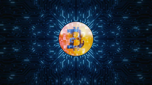 Cyfrowy Kryptowaluta Bitcoin Symbol Circuit Board Animation Przyszłość Pieniądza Cyfrowego — Zdjęcie stockowe