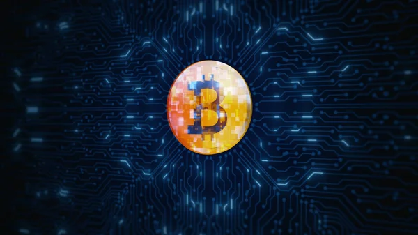 Símbolo Bitcoin Criptomoneda Digital Animación Placa Circuito Fondo Dinero Digital — Foto de Stock