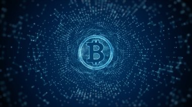 Bitcoin şifreleme dijital şifreleme, dijital para değişimi, engelleme teknolojisi arka planda çizgi ve noktalar konseptiyle bağlantılıdır. 3d oluşturma