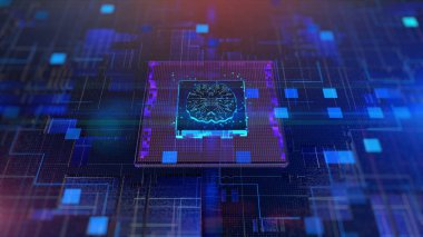 İşlemci ve Beyin Devre Üzerinde Yapay Zeka AI kavramı. Gelecekteki Teknoloji Dijital Veri Analizi. Büyük Veri Aktarım Bağlantısı Soyut Arkaplan. 3B görüntüleme