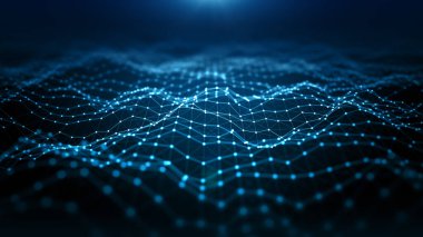 Dijital siber uzay fütüristik, parçacıklar çizgiler ve noktalarla akan dalgalar, teknoloji ağı soyut arka plan. 3d oluşturma