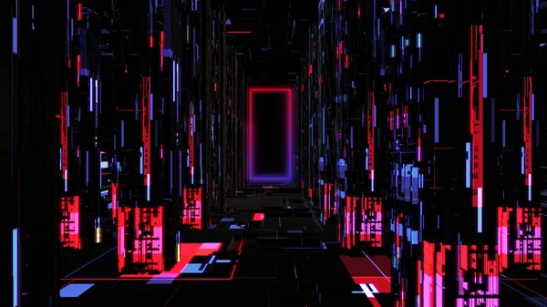 Abstract Neon Digital Tunnel Cyberspace Moving Forward Technology Future City — Stock Photo, Image