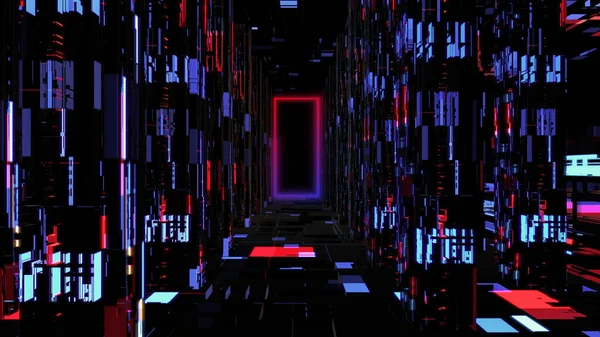 Abstract Neon Digital Tunnel Cyberspace Moving Forward Technology Future City — Stock Photo, Image