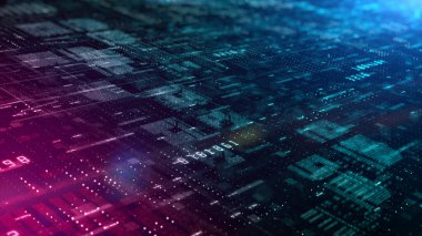 Dijital siber uzay fütüristik, dijital veri matrisi akışı ve ışıklandırma, yüksek hızlı internet bağlantısı veri analiz süreci hareket soyut arkaplan. 3d oluşturma