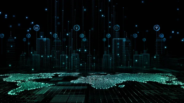 Teknoloji ağı, internet ve sosyal medya bağlantısı olan akıllı şehir, yüksek hızlı teknoloji internet bağlantısı, gelecekten gelen dijital veri matrisi kavramı. 3d oluşturma