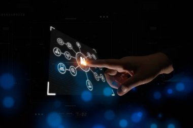 Businessman touches Artificial Intelligence AI Concept. Futuristic Technology Digital Data Analysis. Big Data Transmission Connection Abstract Background