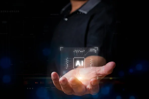 Empresario Mostrando Inteligencia Artificial Concepto Futuristic Technology Digital Data Analysis — Foto de Stock