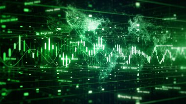 Dijital veri finans yatırımı ve ticaret eğilimleri. Kâr ve zararları, iş ve finans geçmişlerini gösteren tablolar ve hisse senedi numaralarıyla mali diyagram.