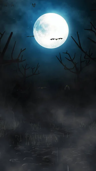 万圣节的背景是垂直的 有蝙蝠 雾蒙蒙的夜晚 天空中有一颗奇异的大月亮 — 图库照片
