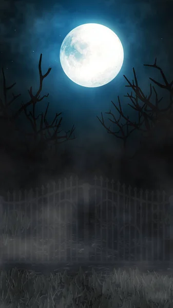 Vertical Halloween background with bats and pumpkins, graves, at misty night spooky with a fantastic big moon in the sky.