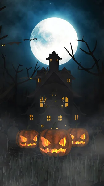 Vertical Halloween Background Haunted House Bats Pumpkins Graves Misty Night — Stock Photo, Image