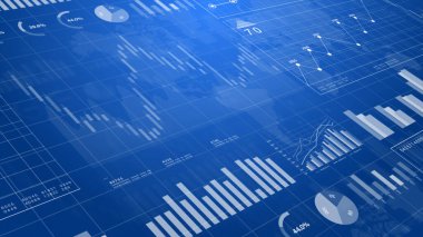 Mavi arka planda iş verilerinin, grafiklerin ve grafiklerin gelecekteki dijital arayüzü. Finans, analitik, veri bilimi ve teknoloji kavramları için uygundur. 3d Hazırlama
