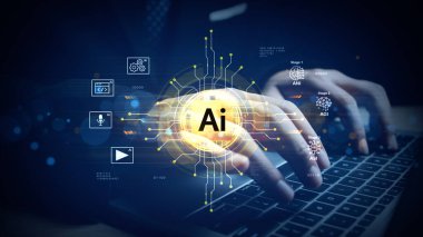 ANI, AGI, ASI Evreleri ve İnsan Elleri Klavyesinde Gelecek Arayüzde Dizüstü Bilgisayarda Yazan Yapay Zeka Geliştirme Konsepti. 3d Hazırlama