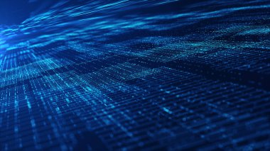 Parlayan Noktalar ve Teknoloji ve Veri Ağı Konsepti Çizgileri ile Geleceğin Mavi Dijital Ağ Arkaplanı. 3d Hazırlama