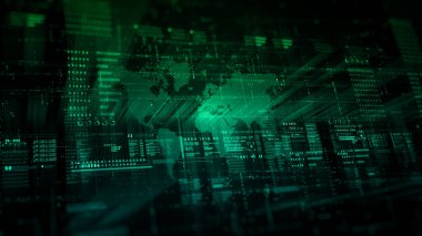 Büyük Veri ve Siber Güvenlik Konseptleri, Teknoloji Dijital Veri Soyut Arkaplanı için Küresel Harita ve Veri Arayüzü ile Gelecek Yeşil Dijital Teknoloji Arkaplanı. 3d Hazırlama